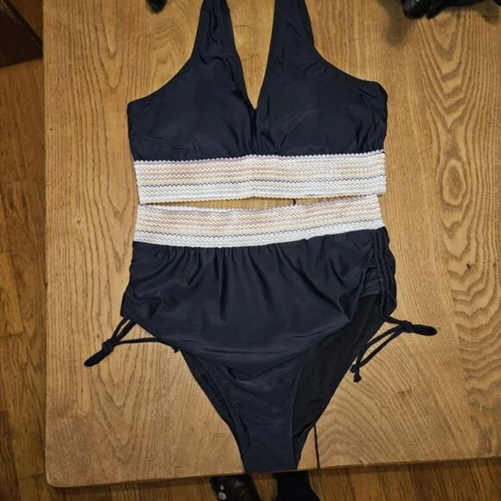 Zuvebamyo XL Black High Waisted Bikini Set Color Block Tummy Control NEW